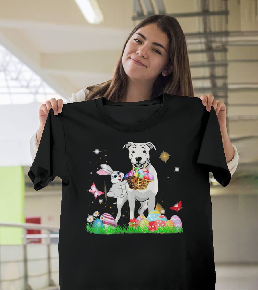 Easter Day Dogo Argentino With Bunny Basket Of Eggs And Butterflies T-Shirt