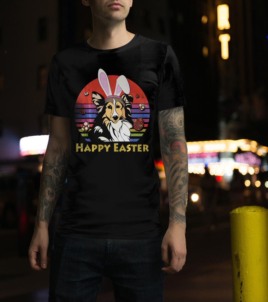Happy Easter Shetland Sheepdog With Bunny Headband And Colorful Eggs T-Shirt