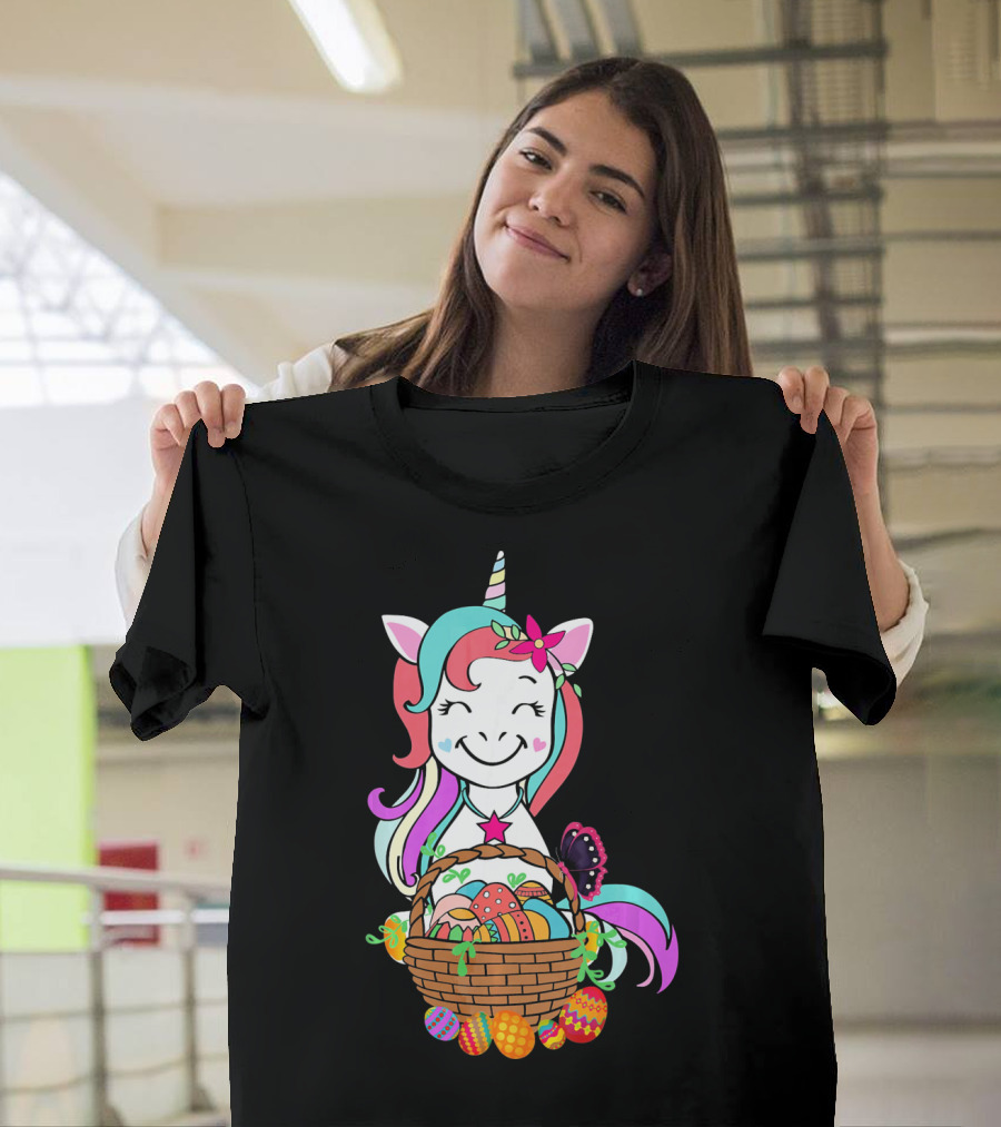 Unicorn Easter Basket with Colorful Eggs and Butterfly T-Shirt
