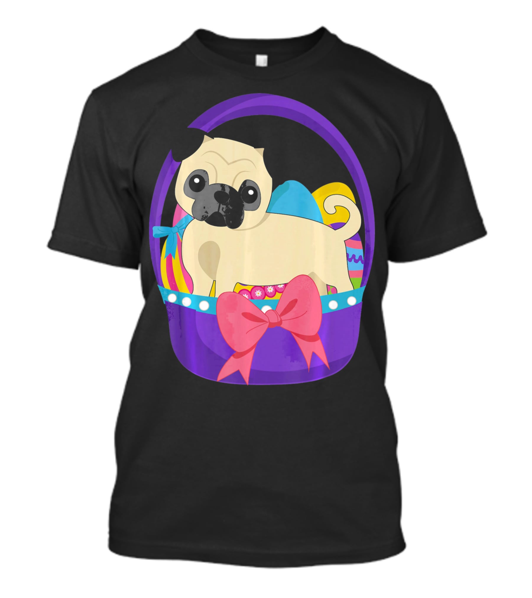 Easter Pug Dog In Colorful Basket With Eggs And Bow T-Shirt