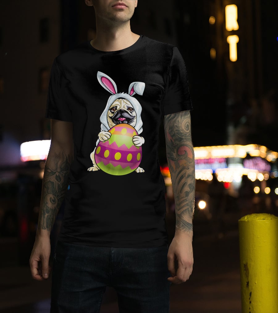 Pug Dressed As Easter Bunny Holding Colorful Easter Egg T-Shirt