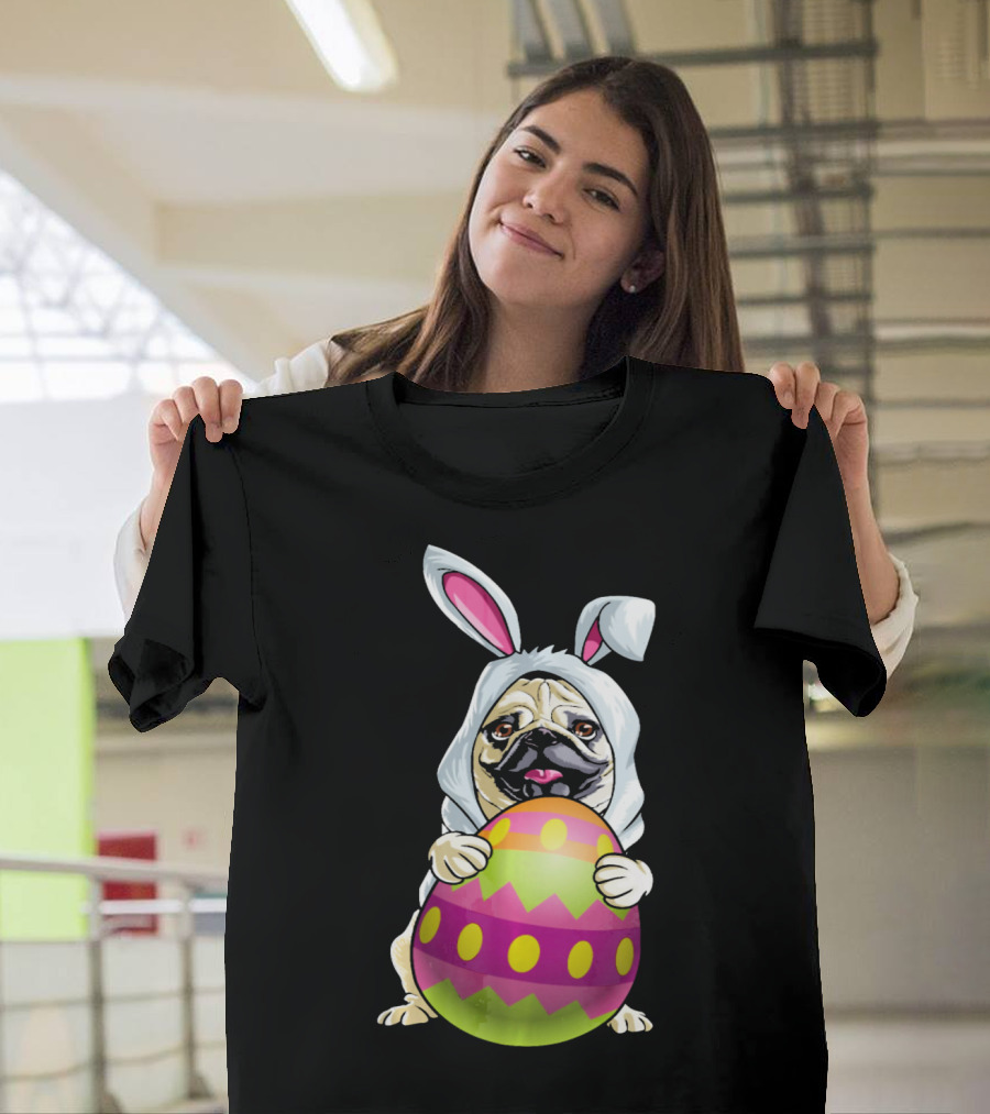 Pug Dressed as Easter Bunny Holding Colorful Easter Egg T-Shirt
