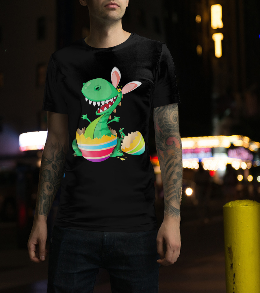 Easter Dinosaur Bunny Emerging From Striped Egg T-Shirt