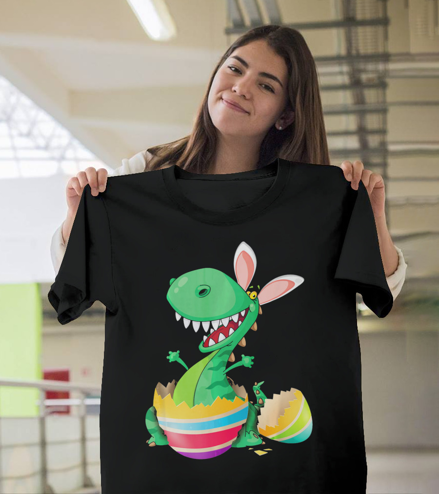 Easter Dinosaur Bunny Emerging From Striped Egg T-Shirt