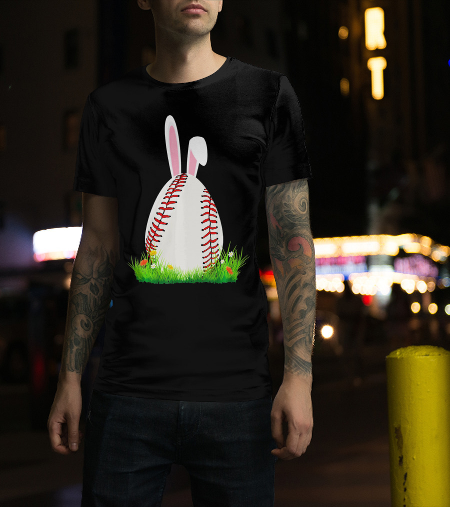 Cute Easter Bunny Baseball Egg With Ears On Grass T-Shirt