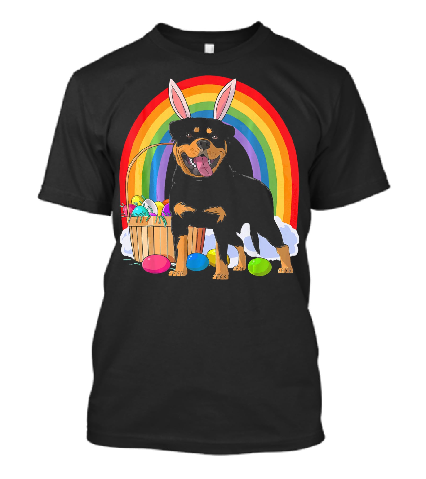 Rottweiler Bunny With Easter Eggs And Rainbow T-Shirt