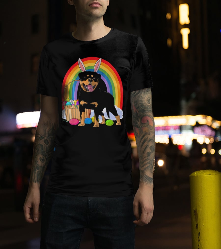 Rottweiler Bunny With Easter Eggs And Rainbow T-Shirt