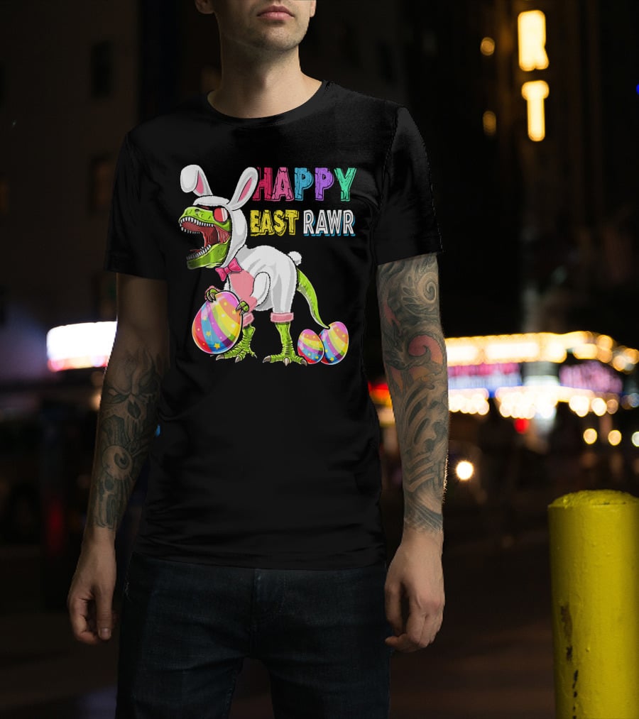 Happy Eastrawr Rex Dinosaur Easter Bunny Costume With Colorful Eggs T-Shirt