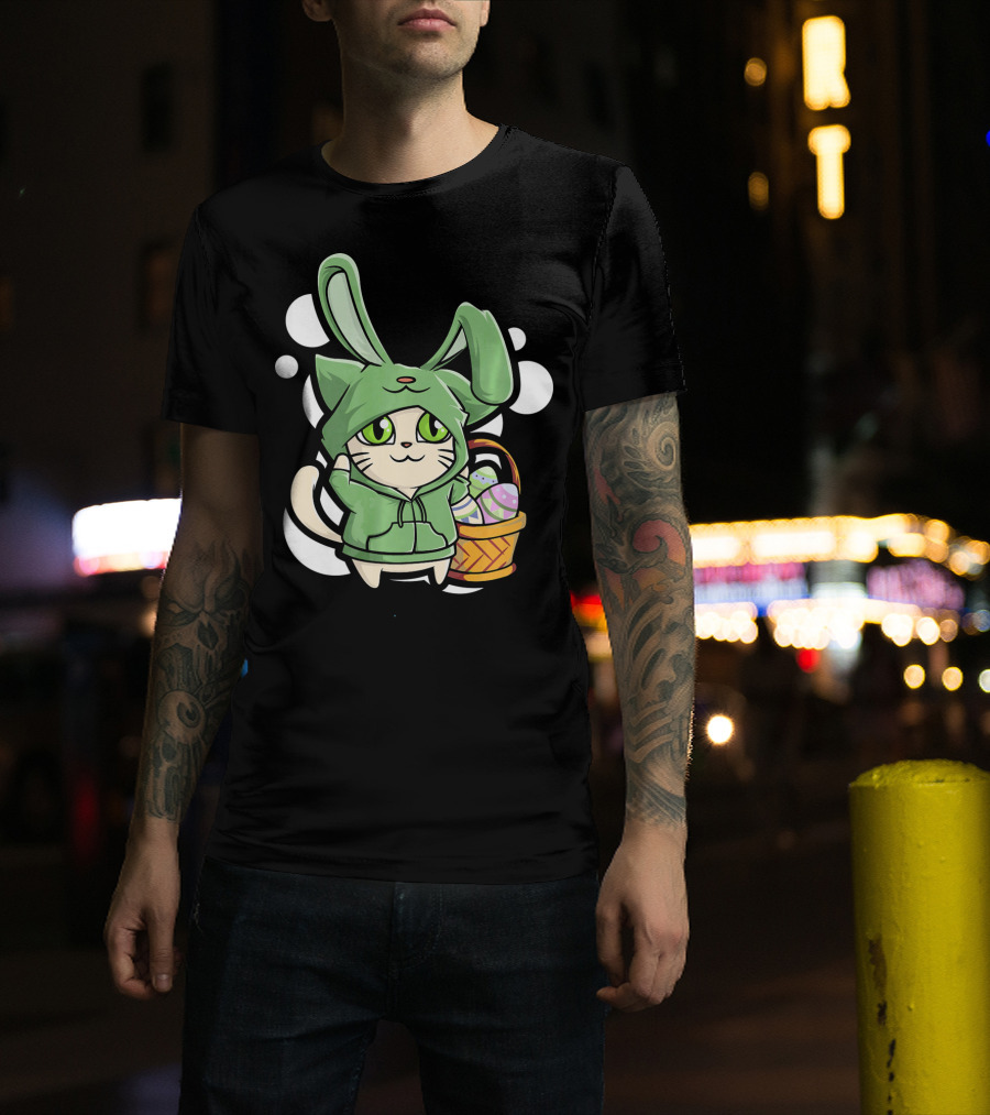 Cat Easter Bunny Hoodie Kawaii With Basket Of Eggs T-Shirt