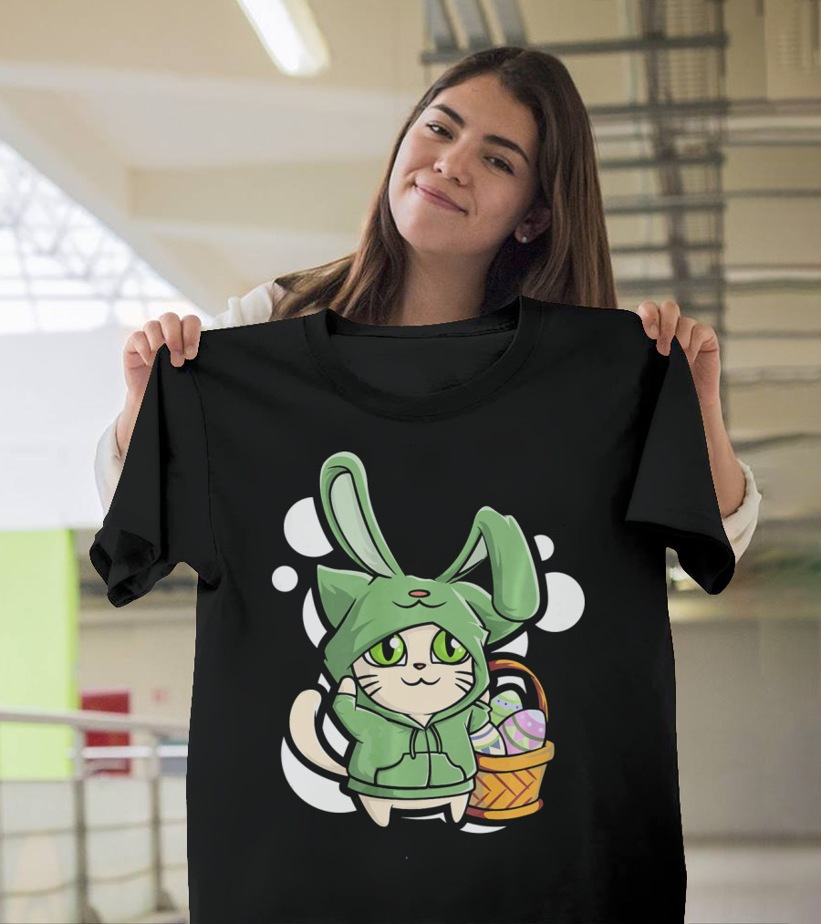 Cat Easter Bunny Hoodie Kawaii with Basket of Eggs T-Shirt