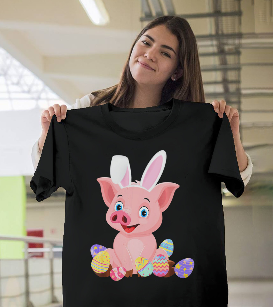 Pig Wearing Bunny Ears Surrounded by Colorful Easter Eggs T-Shirt