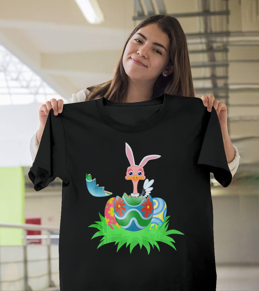 Easter Ostrich Hatching from Colorful Easter Egg with Bunny Ears and Flowers T-Shirt
