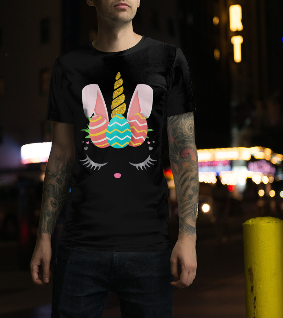 Bunnycorn Easter Bunny Rabbit Face Unicorn Ears Eggs Hearts T-Shirt