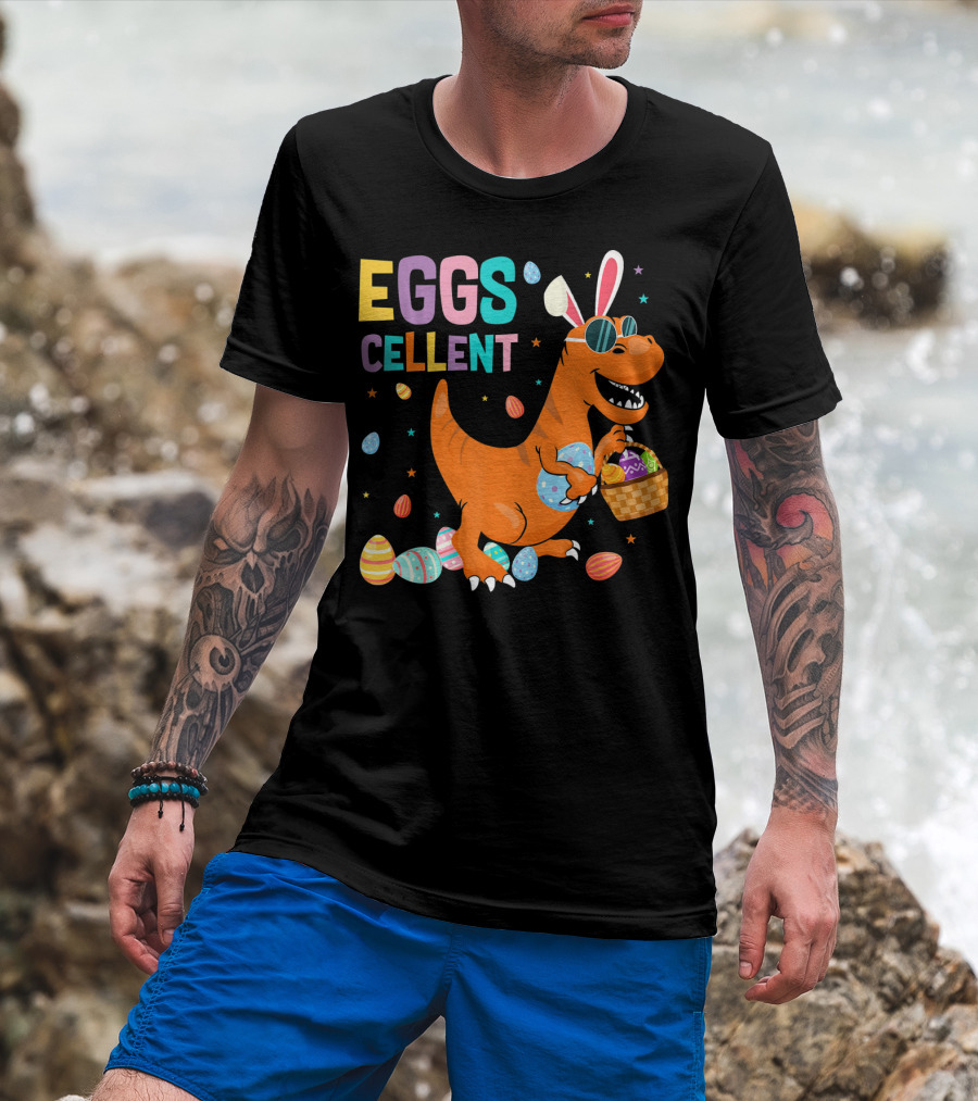 Eggscellent Easter Dinosaur With Bunny Ears And Eggs Basket T-Shirt