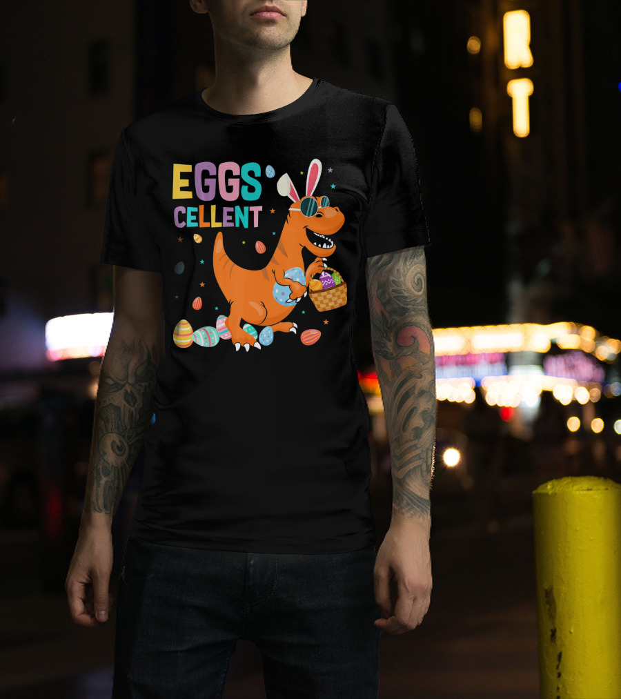 Eggscellent Easter Dinosaur With Bunny Ears And Eggs Basket T-Shirt