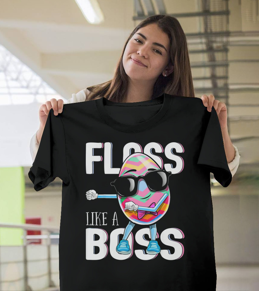FLOSS LIKE A BOSS Flossing Easter Egg with Sunglasses and Colorful Stripes T-Shirt