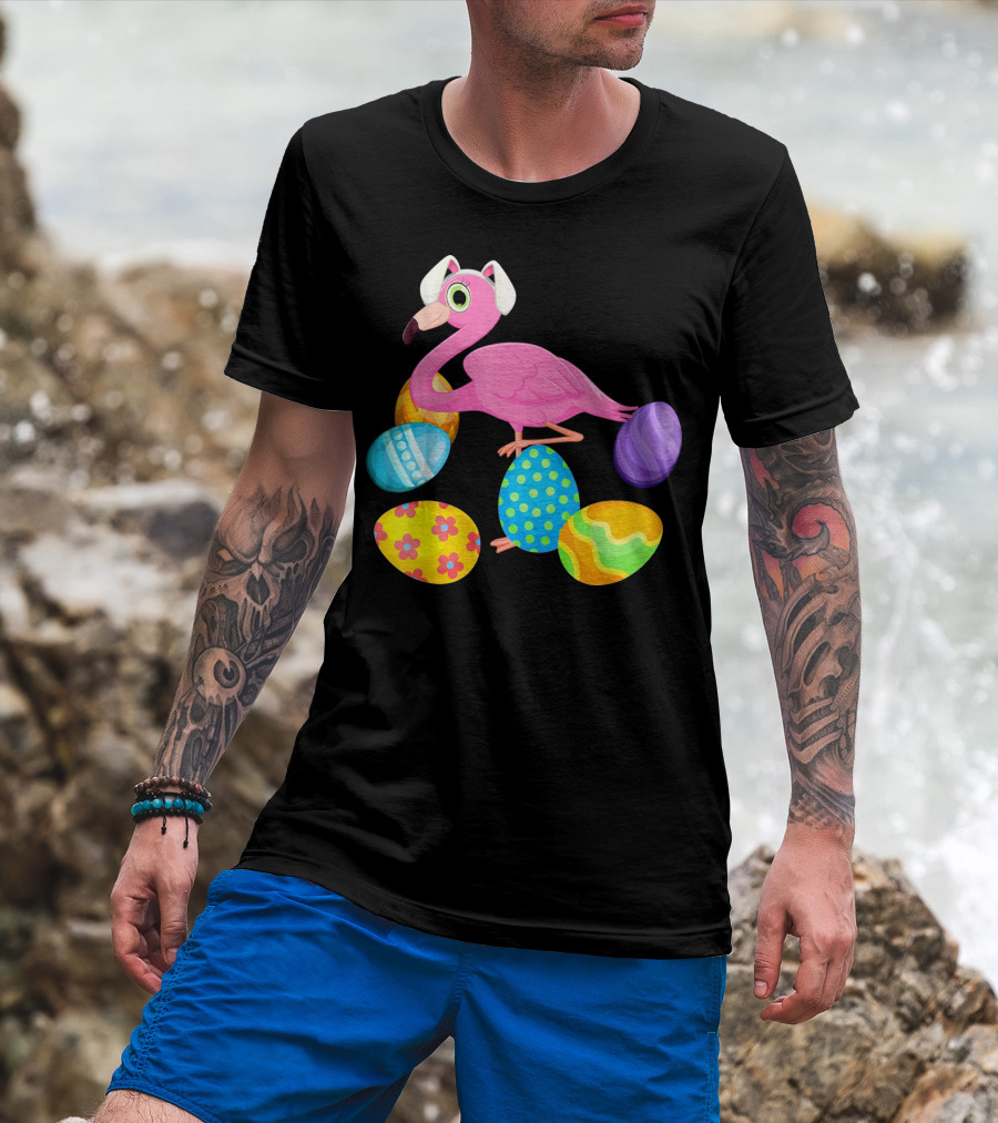 Flamingo Bunny Rabbit Hat With Colorful Easter Eggs Playing Easter T-Shirt