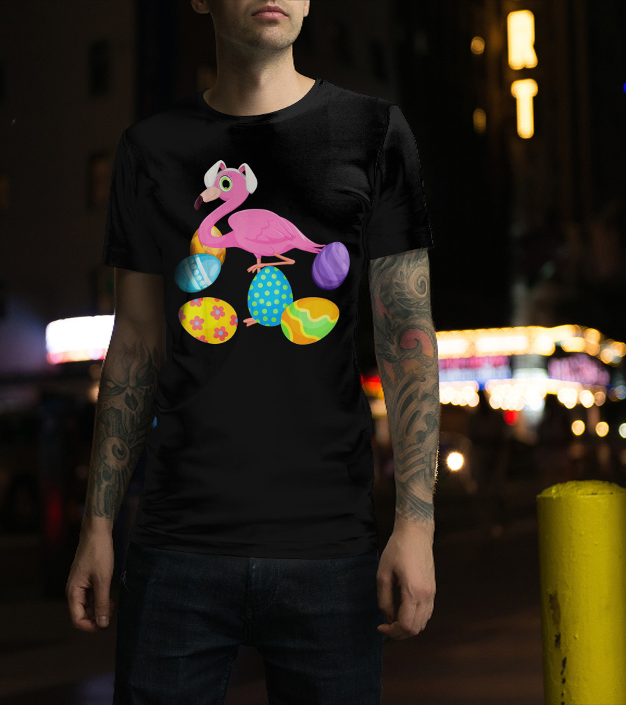 Flamingo Bunny Rabbit Hat With Colorful Easter Eggs Playing Easter T-Shirt