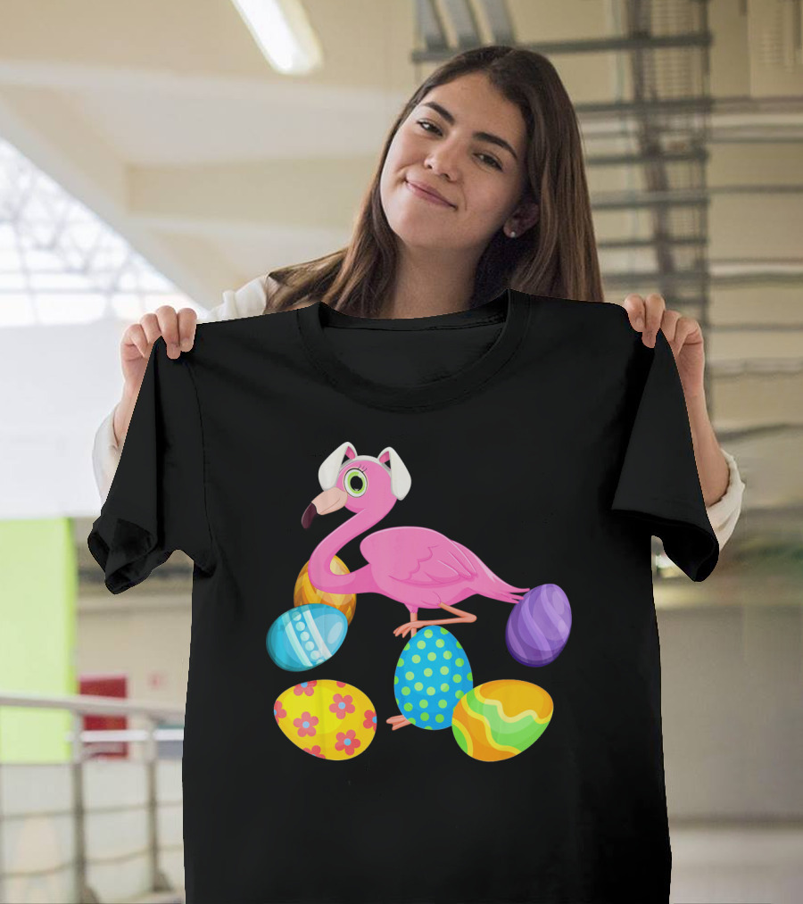 Flamingo Bunny Rabbit Hat With Colorful Easter Eggs Playing Easter T-Shirt