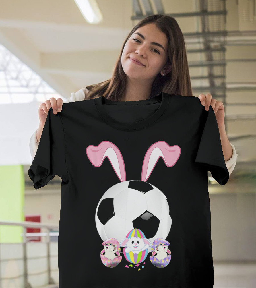 Soccer Easter Bunny Egg With Pink Ears And Colorful Easter Eggs T-Shirt