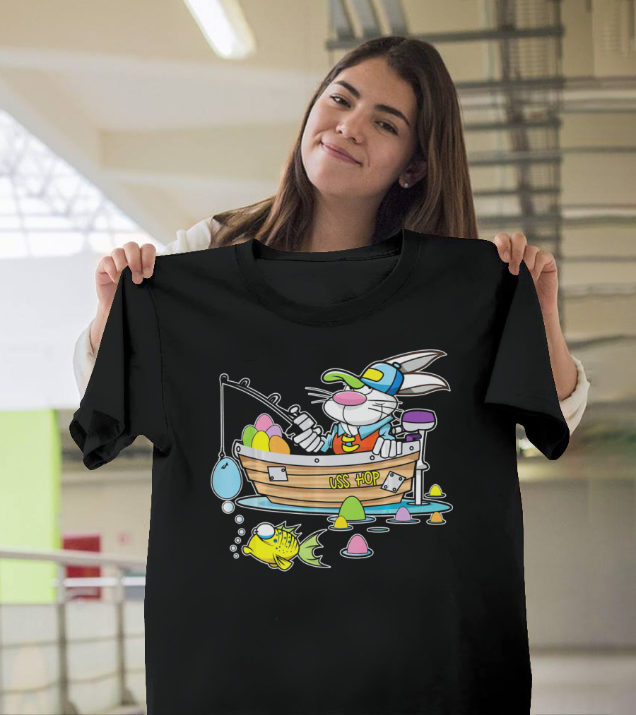 Fun Easter Bunny Fishing USS Hop With Eggs And Colorful Fish T-Shirt