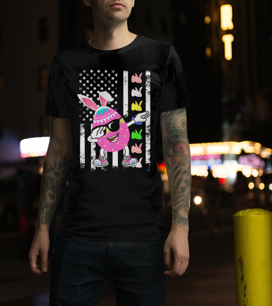 Dabbing Easter Egg Rabbit With American Flag And Bunny Icons T-Shirt