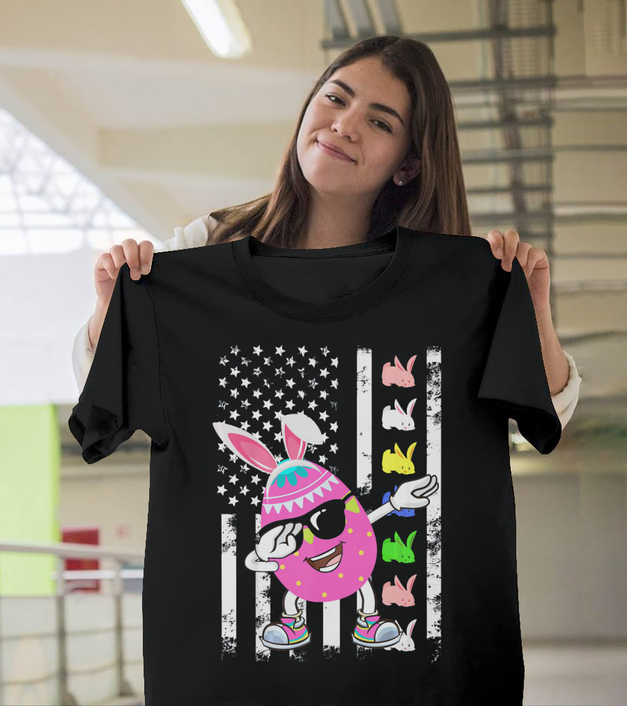 Dabbing Easter Egg Rabbit with American Flag and Bunny Icons T-Shirt