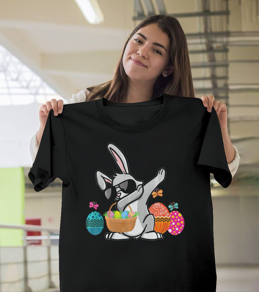 Dabbing Easter Bunny with Sunglasses and Basket Among Colorful Easter Eggs T-Shirt