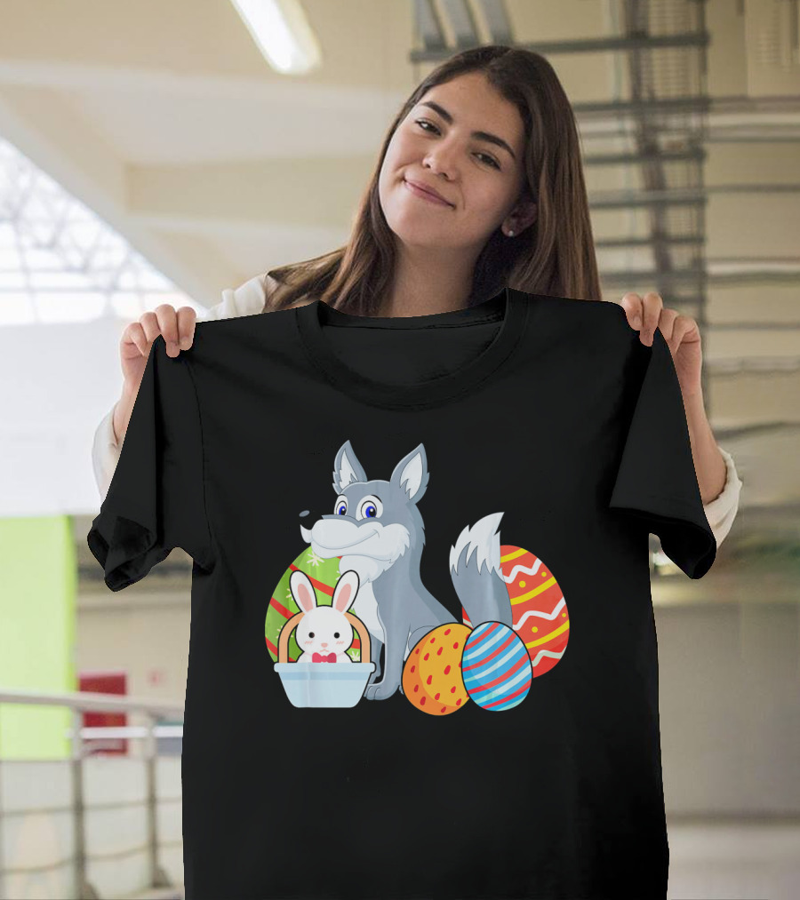 Easter Wolf Happy Bunny With Colorful Eggs T-Shirt