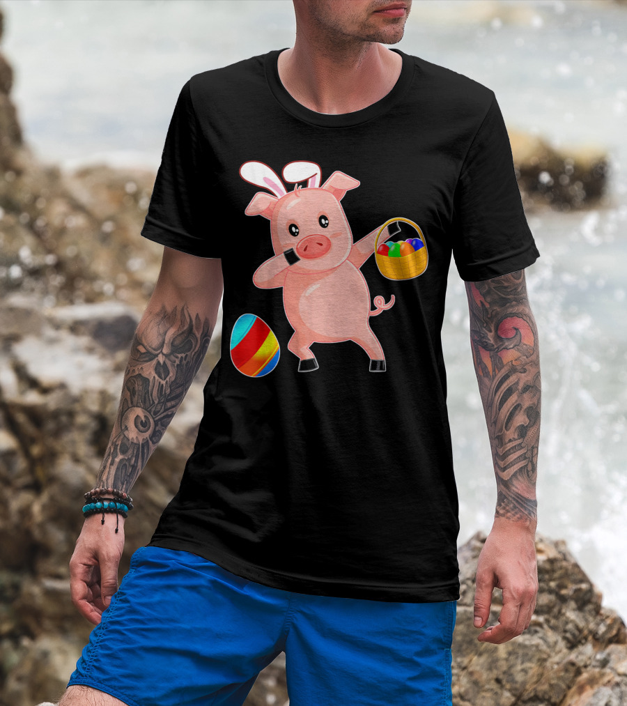 Easter Bunny Dabbing Pig With Colorful Egg Basket T-Shirt