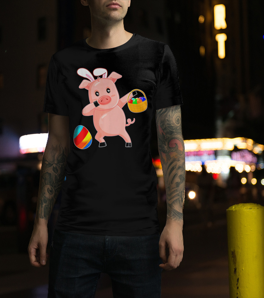 Easter Bunny Dabbing Pig With Colorful Egg Basket T-Shirt