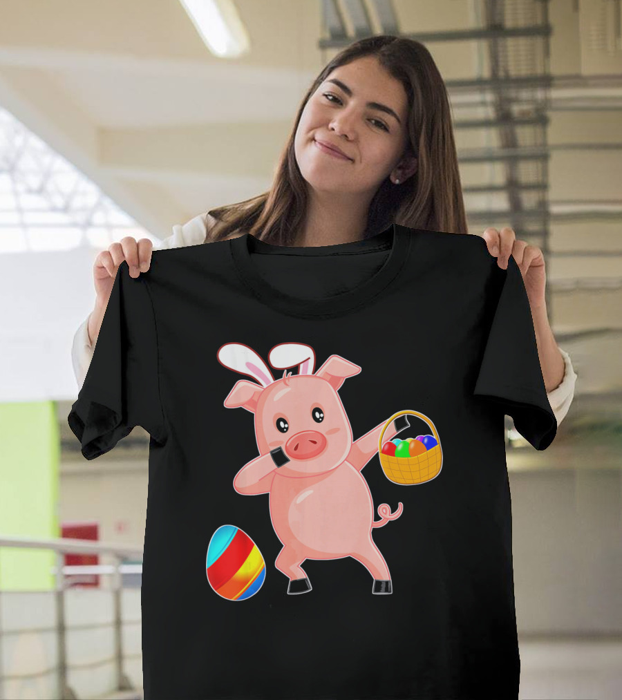 Easter Bunny Dabbing Pig With Colorful Egg Basket T-Shirt