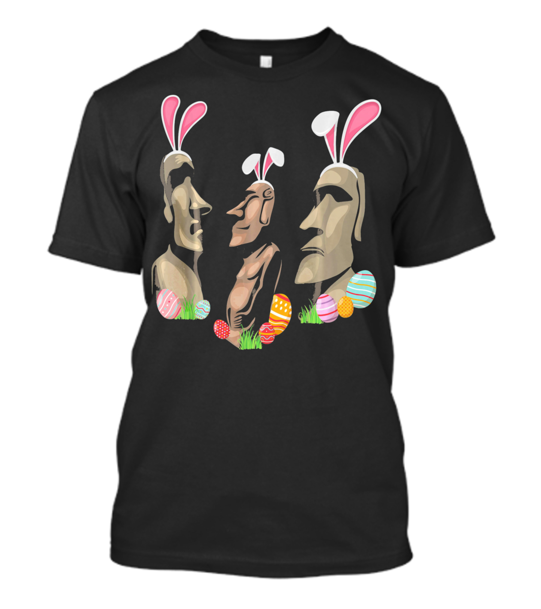 Funny Easter Island Statues Wearing Bunny Ears Surrounded By Colorful Easter Eggs T-Shirt