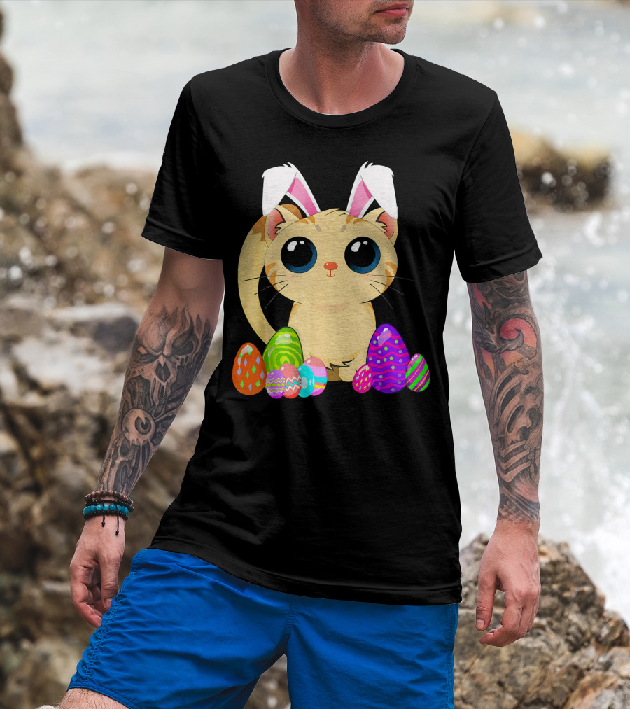 Cute Easter Cat Holiday Bunny Ears With Colorful Eggs T-Shirt