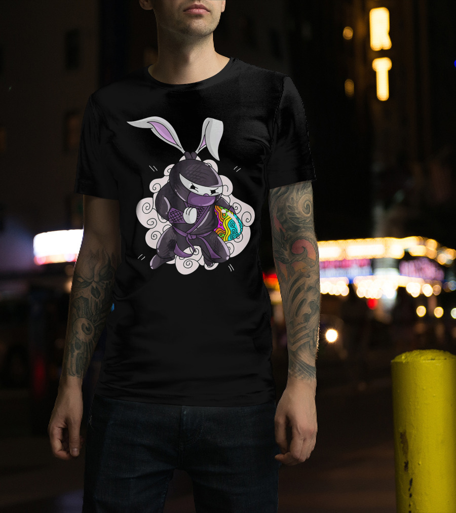 Easter Bunny Ninja Holding Colorful Egg In Cute Little Egg Hunt Scene T-Shirt
