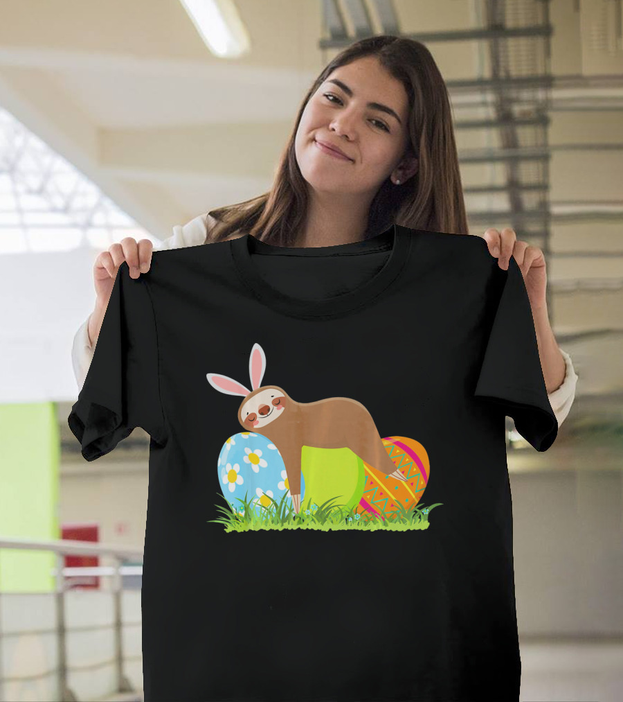 Funny Sloth Easter Day Bunny Ear Egg Decorated T-Shirt