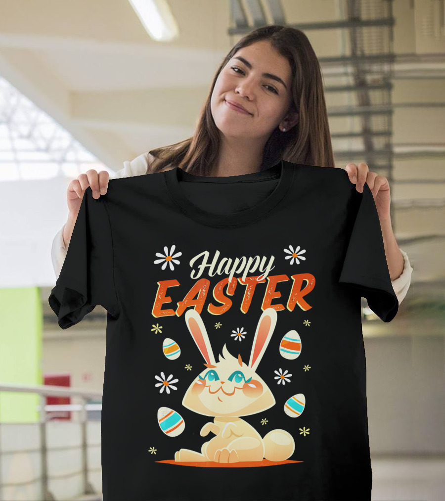 Happy Easter Bunny Surrounded By Colorful Eggs And Daisies T-Shirt
