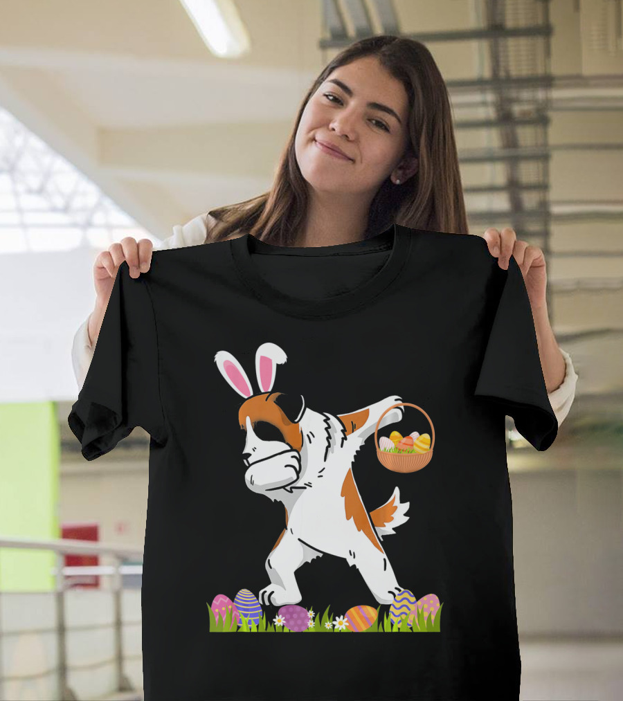Funny Saint Bernard Dog Dabbing with Easter Bunny Ears and Basket of Eggs T-Shirt