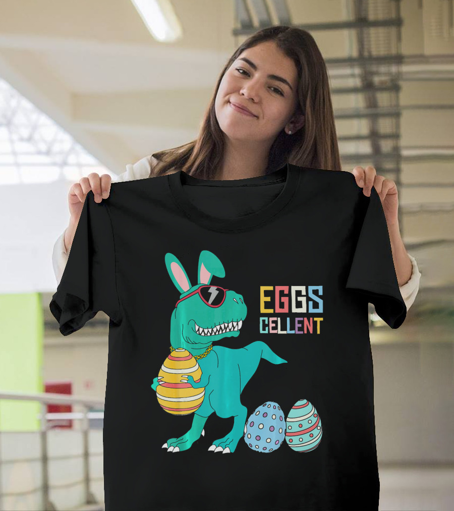 Easter Dinosaur Eggs Cellent T-Rex with Sunglasses and Striped Polka Dot Eggs T-Shirt