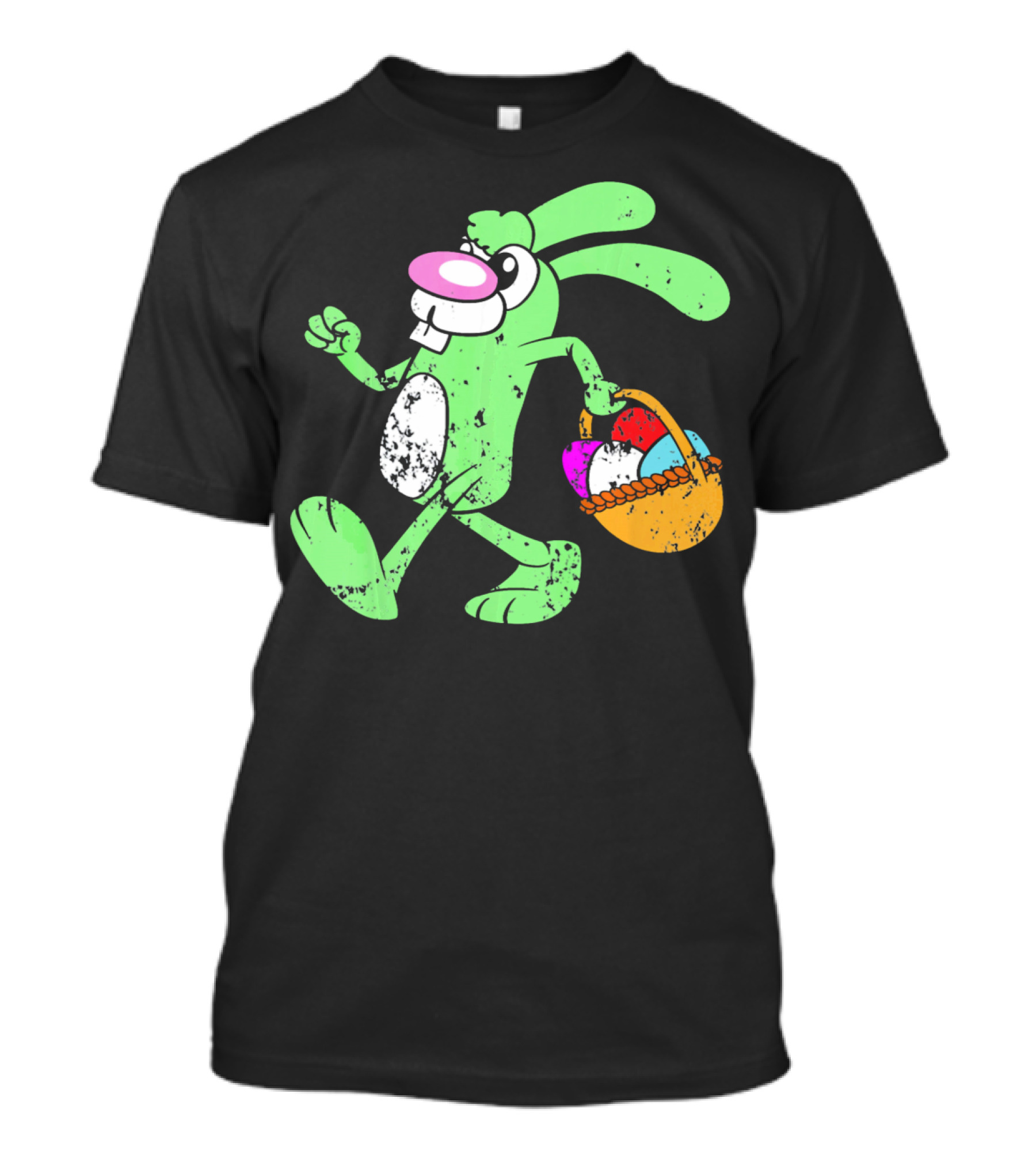 Retro Vintage Grunge Easter Bunny With Colorful Egg Basket T-Shirt