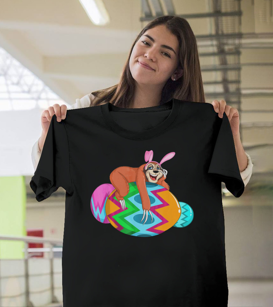 Cool Lazy Sloth Bunny on Colorful Easter Egg Hunt T-Shirt