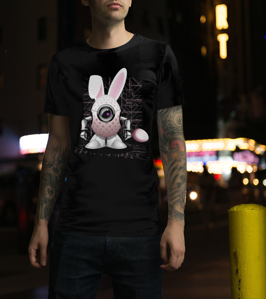 Happy Easter Bunny Robot Egg With Camera Eye And Circuit Background T-Shirt