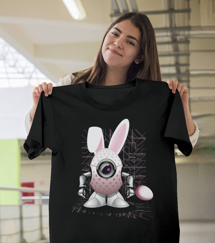 Happy Easter Bunny Robot Egg With Camera Eye And Circuit Background T-Shirt