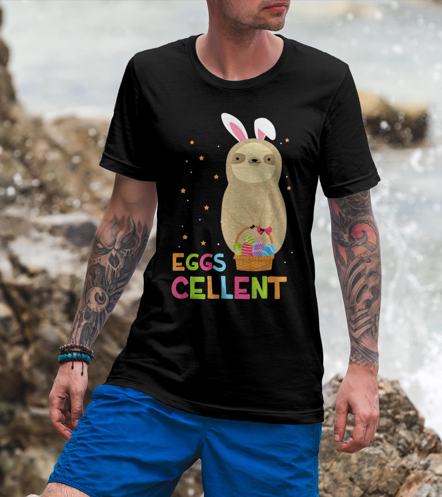 Sloth In Bunny Ears Holding Easter Eggs Cellent Basket T-Shirt