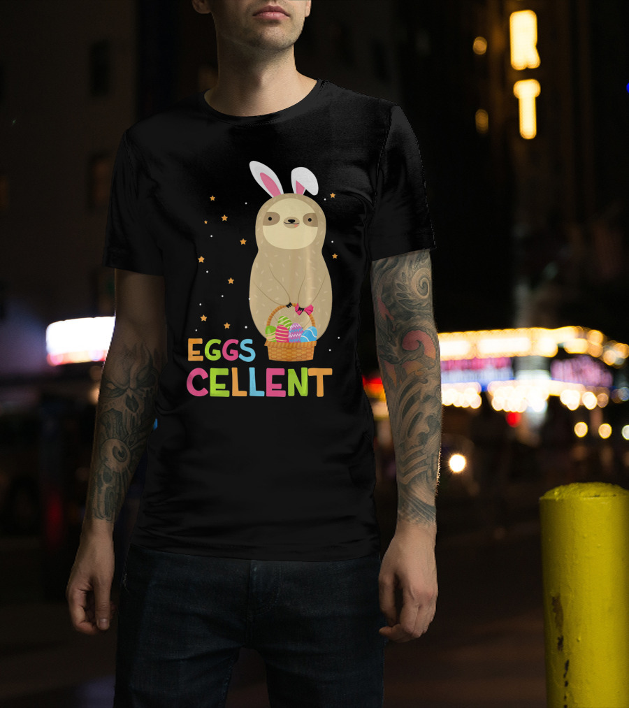 Sloth In Bunny Ears Holding Easter Eggs Cellent Basket T-Shirt