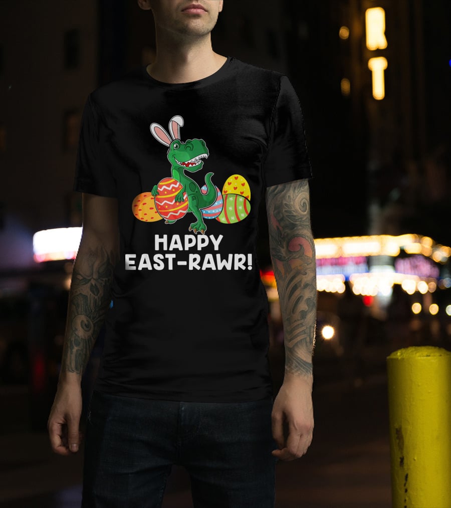 Happy East-Rawr Rex Bunny With Easter Eggs T-Shirt