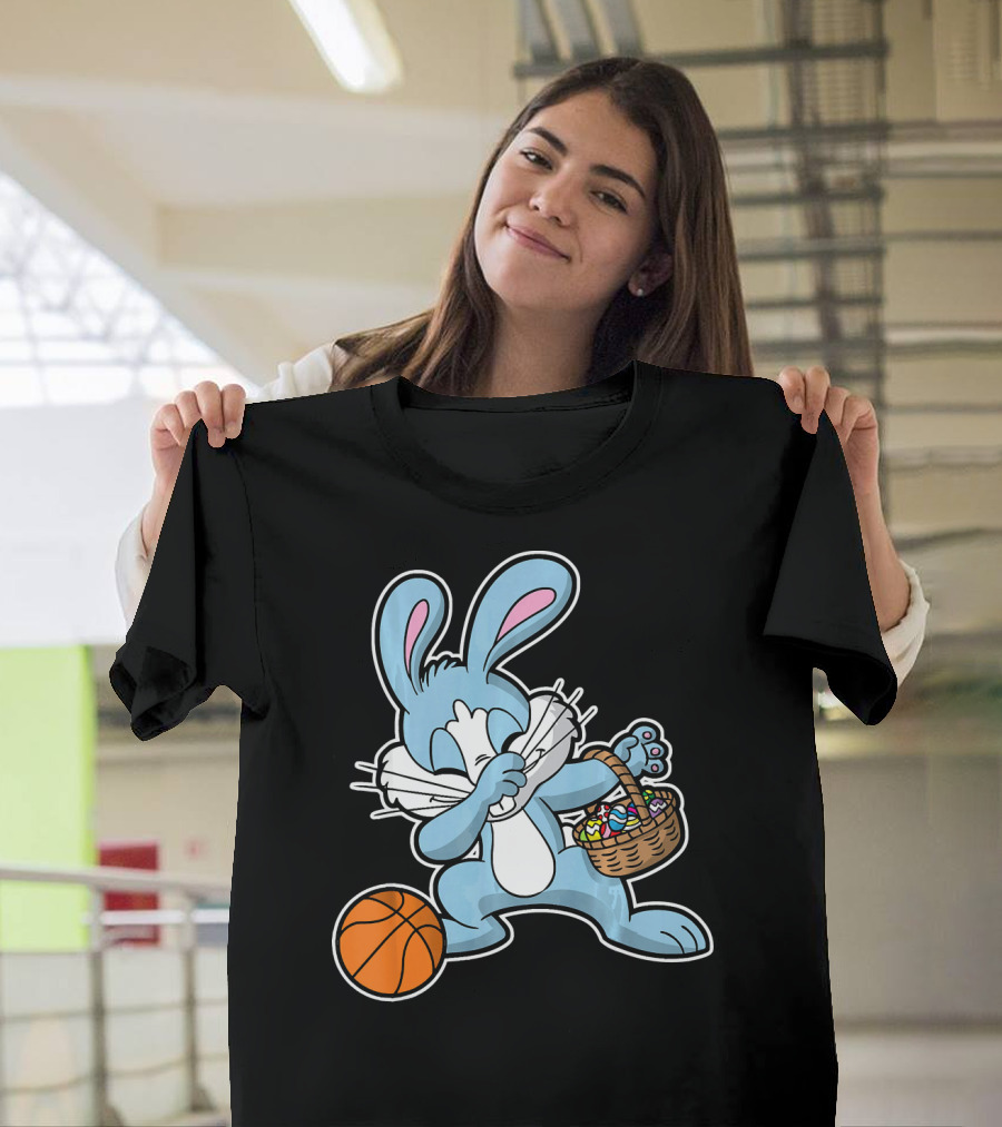 Dabbing Easter Bunny with Basketball and Basket of Eggs T-Shirt
