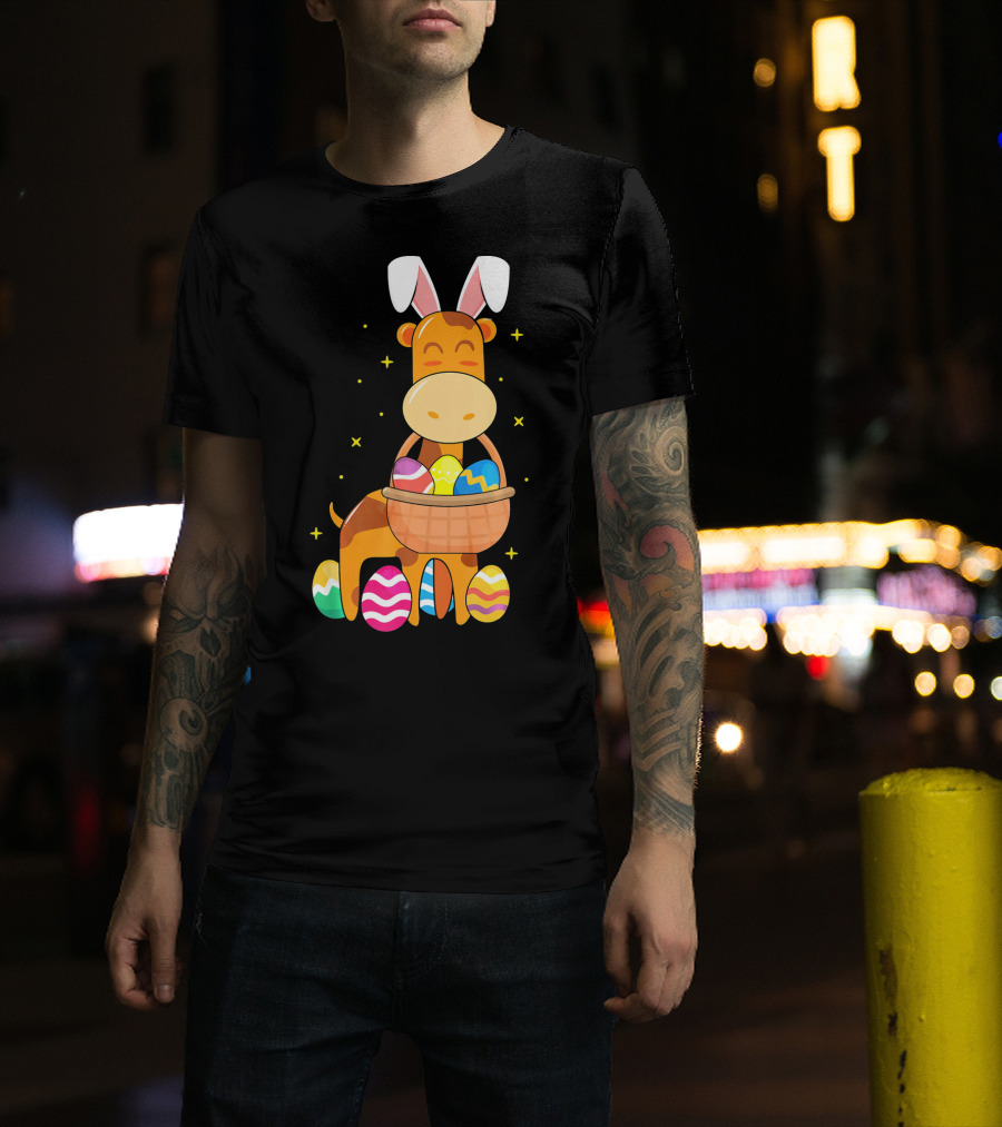 Giraffe Easter Egg Bunny Holding Basket Of Colorful Eggs And Wearing Bunny Ears T-Shirt