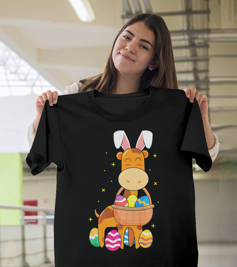 Giraffe Easter Egg Bunny Holding Basket of Colorful Eggs and Wearing Bunny Ears T-Shirt