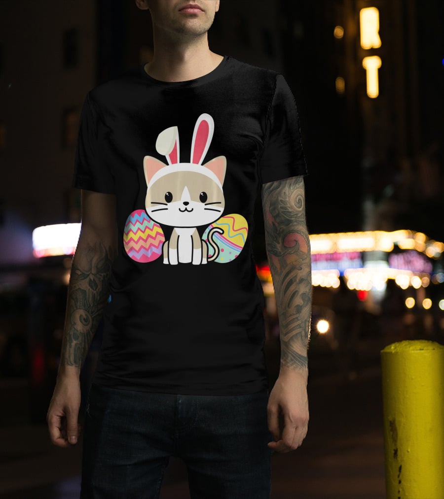 Easter Cat With Bunny Ears And Colorful Easter Eggs T-Shirt